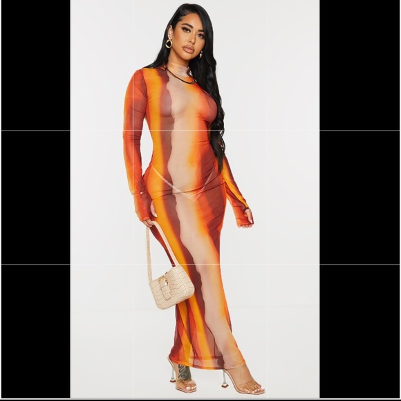 Shape Orange Ombré Sheer Mesh Maxi Dress - Picture 2 of 5